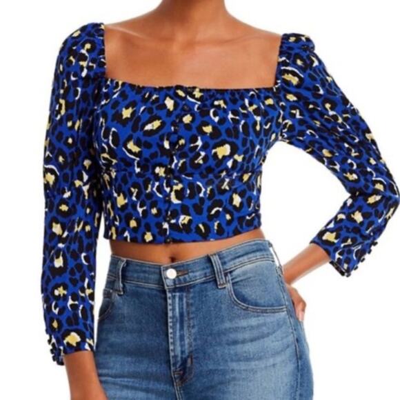 Rahi Blue Leopard Print Crop Puff Shoulder Boho Womens Blouse L Yellow Ruched - Picture 1 of 11